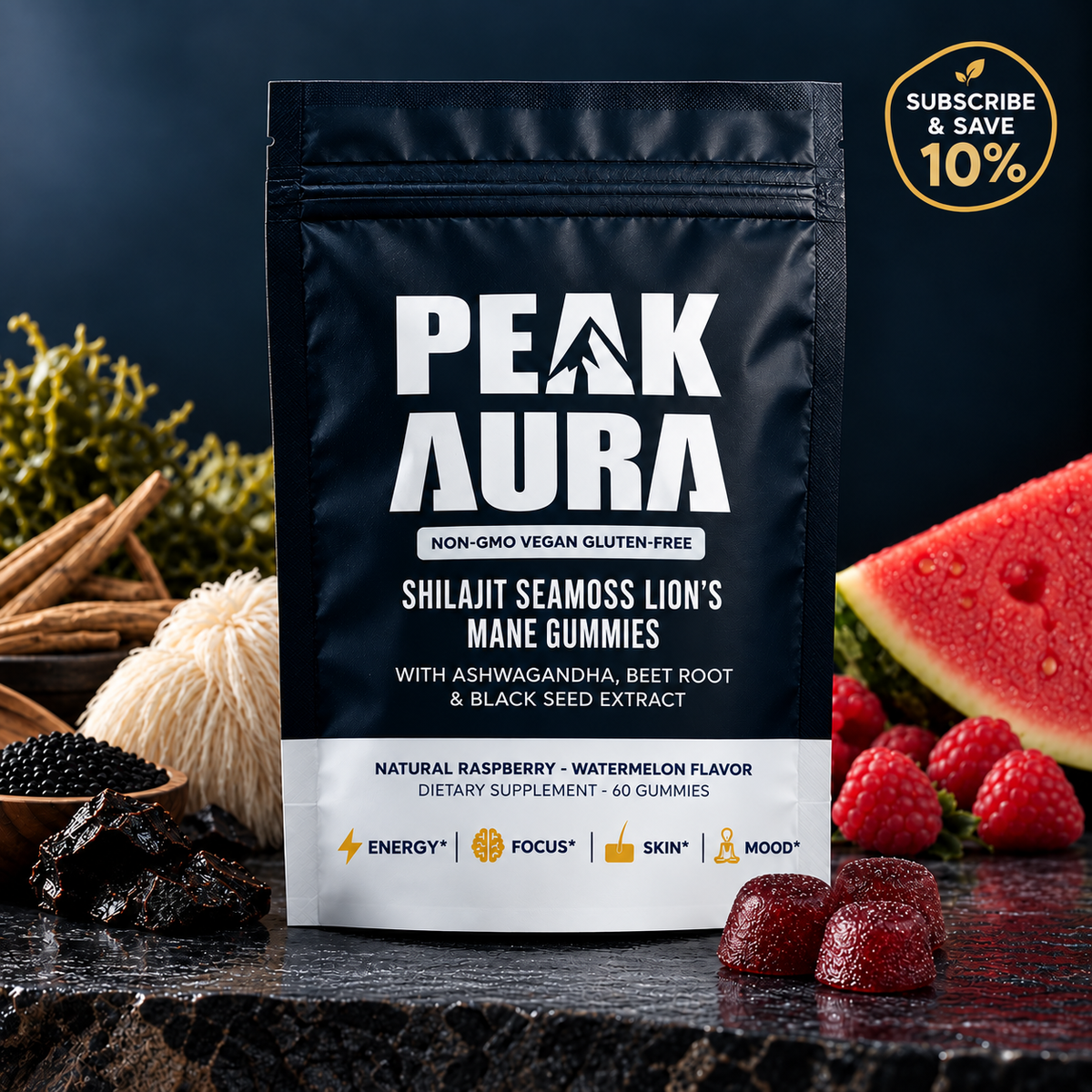 Peak Aura 6-in-1 Gummies | Shilajit, Sea Moss, Lion's Mane, Beetroot, Black Seed Extract | Lab Tested For Purity | Energy, Focus, Skin, Mood | 60 Count