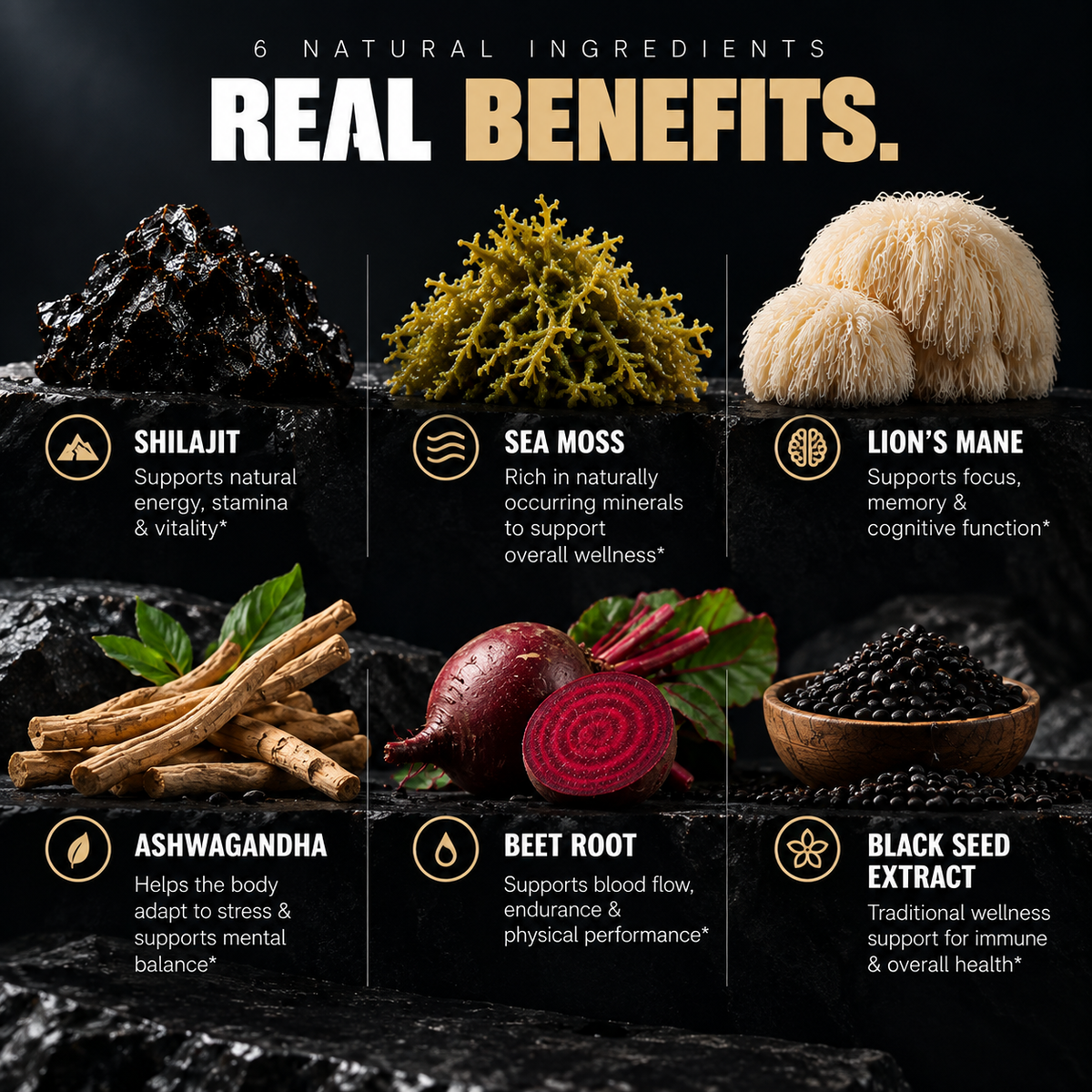Peak Aura 6-in-1 Gummies | Shilajit, Sea Moss, Lion's Mane, Beetroot, Black Seed Extract | Lab Tested For Purity | Energy, Focus, Skin, Mood | 60 Count