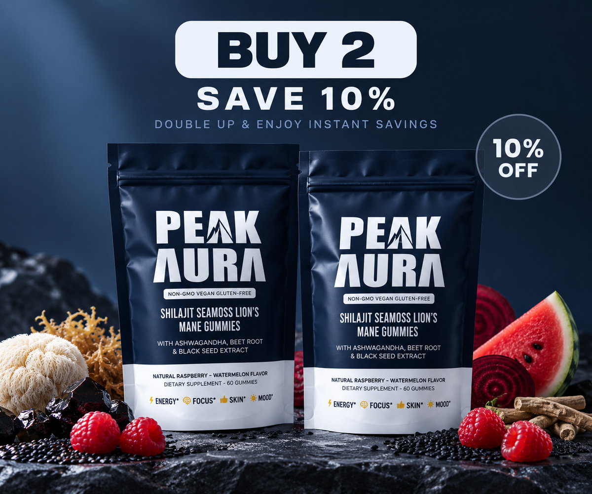 Peak Aura 6-in-1 Gummies | Shilajit, Sea Moss, Lion's Mane, Beetroot, Black Seed Extract | Lab Tested For Purity | Energy, Focus, Skin, Mood | 60 Count