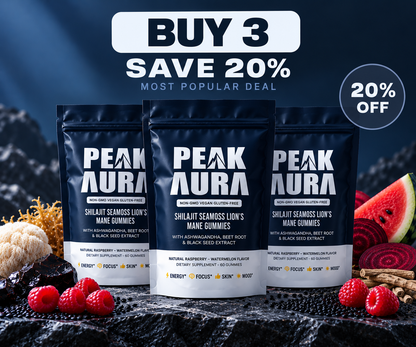 Peak Aura 6-in-1 Gummies | Shilajit, Sea Moss, Lion's Mane, Beetroot, Black Seed Extract | Lab Tested For Purity | Energy, Focus, Skin, Mood | 60 Count