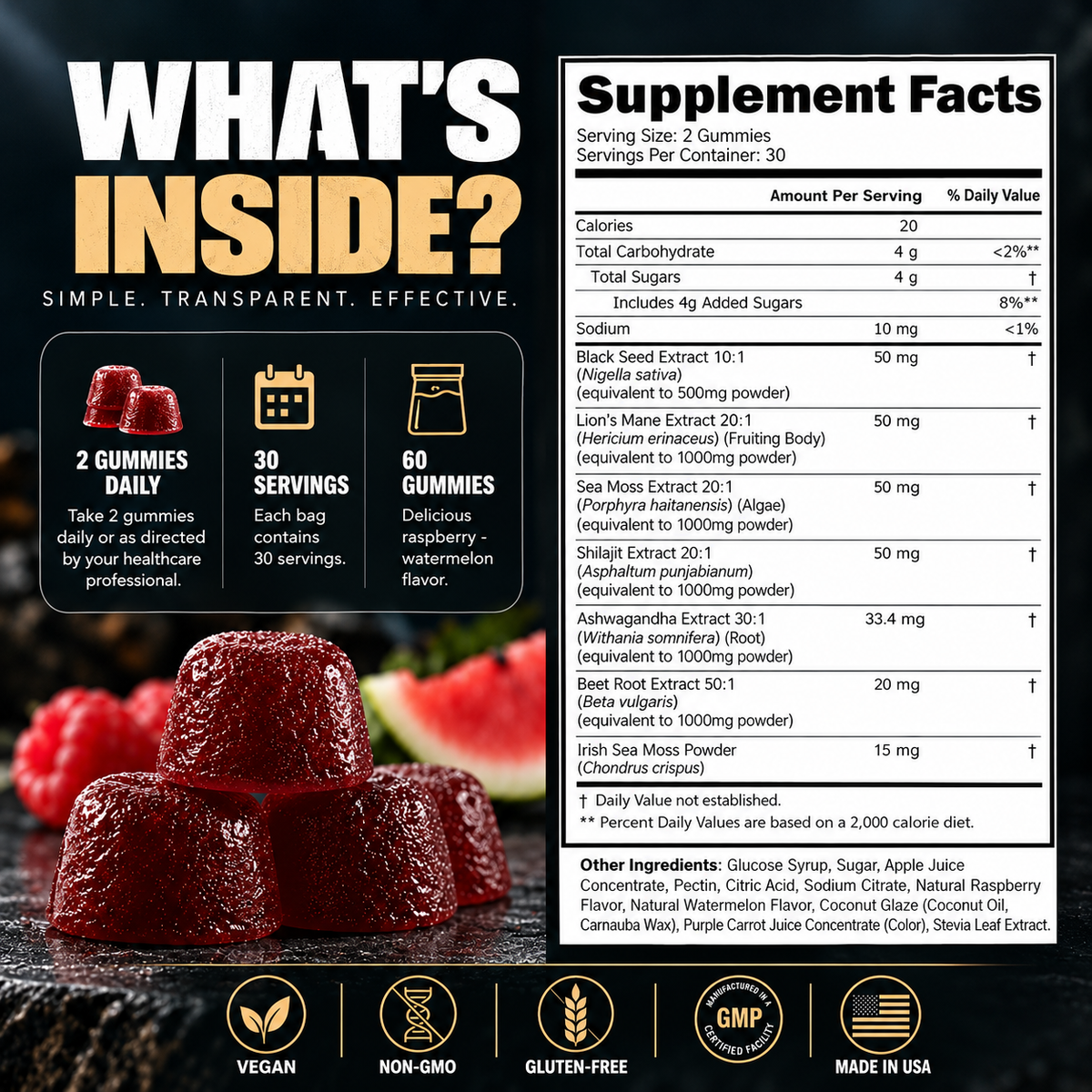 Peak Aura 6-in-1 Gummies | Shilajit, Sea Moss, Lion's Mane, Beetroot, Black Seed Extract | Lab Tested For Purity | Energy, Focus, Skin, Mood | 60 Count