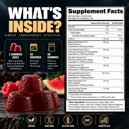 Peak Aura 6-in-1 Gummies | Shilajit, Sea Moss, Lion's Mane, Beetroot, Black Seed Extract | Lab Tested For Purity | Energy, Focus, Skin, Mood | 60 Count